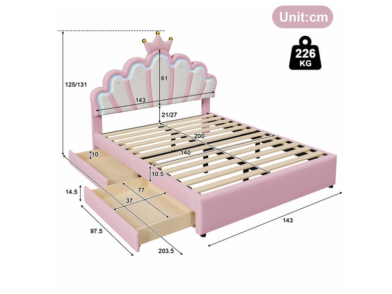 Lit enfant 140x200 cm avec led, tiroirs, sommier et tête réglable, lit princesse, pu rose, sans matelas - Conforama C