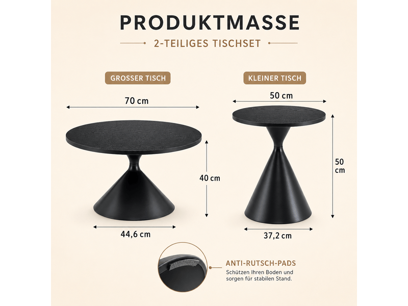  Lot de 2 tables basses rondes, finition noire effet bois, ø7050 cm, structure en acier carbone, design moderne.  - Conforama C