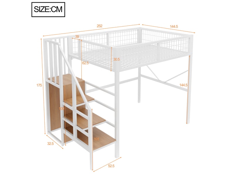 Lit mezzanine 140x200 cm avec rangement, structure en métal, barrière de protection, coloris blanc vendu sans matelas  - Conforama C