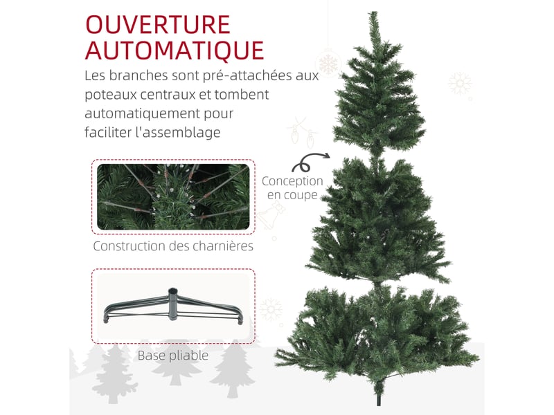  Sapin de noël artificiel arbre de noël 180 cm avec 1 000 branches, ouverture automatique, base en acier, vert  - Conforama W