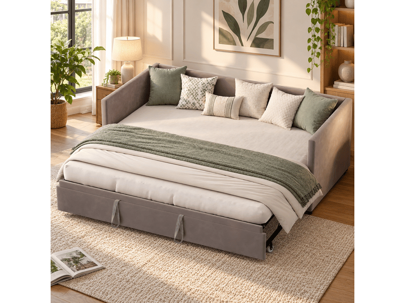  Lit gigogne 2 places 90180 x 200 cm ,lit capitonné avec sommier à lattes, extensible, cadre de lit convertible, lit banquette, tissu en velours, gris, matelas non inclus  - Conforama B