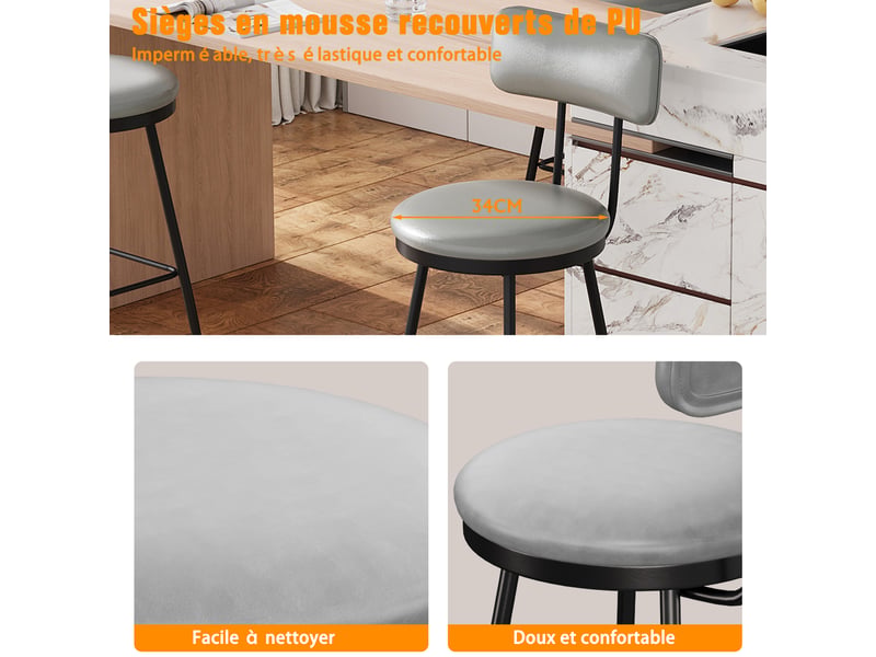  Tabouret de bar  lot de 4 - assise 65 cm - simili‑cuir gris foncé - structure métal  - Conforama E