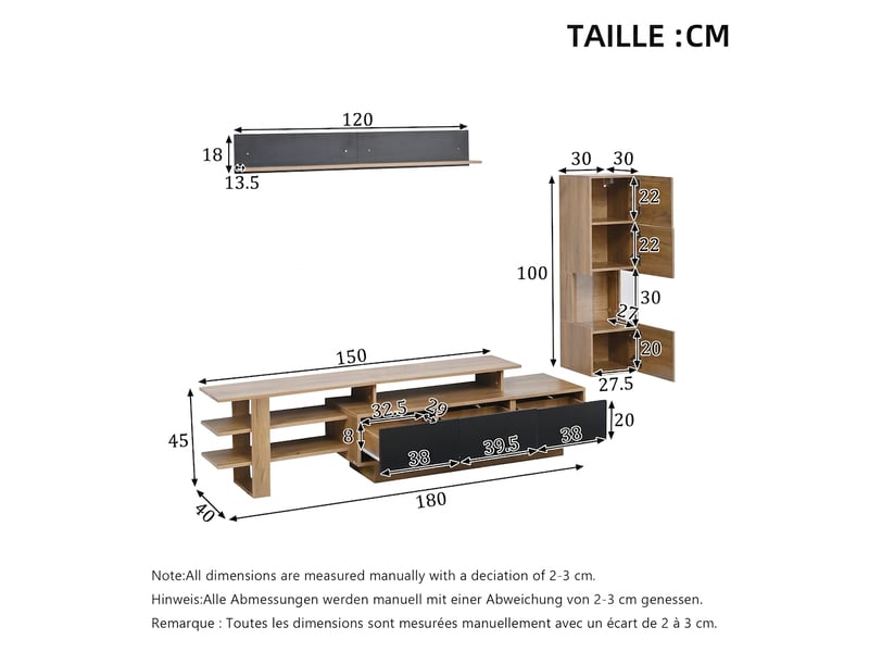  Ensemble meuble tv mural 3 pièces bois et noir avec led pour tv 80 pouces  - Conforama C