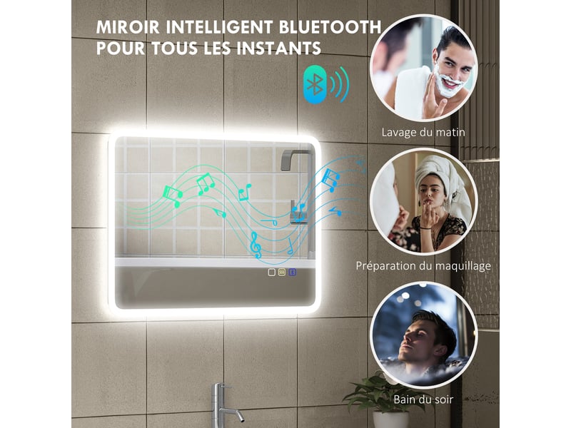 Miroir salle de bain led bluetooth 50x70 cm tactile lumière réglable 3 couleurs anti-buée argent - Conforama D