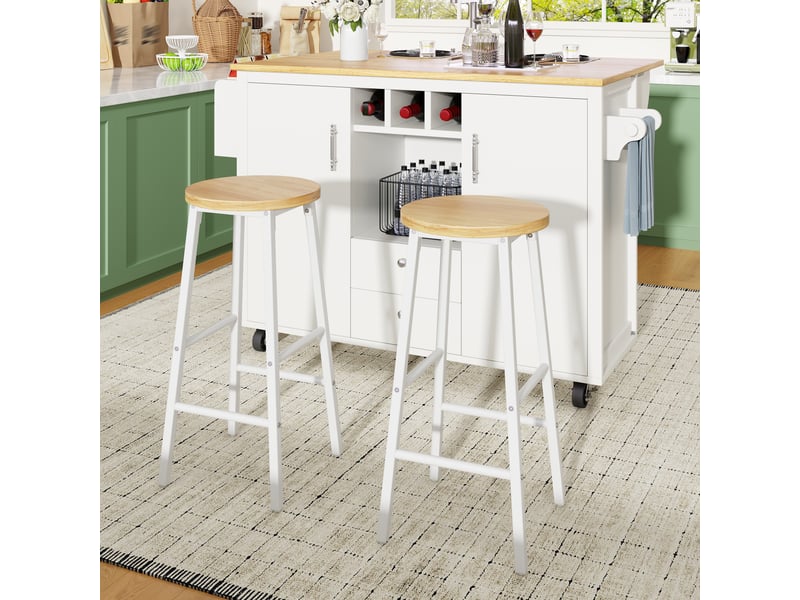  Îlot de cuisine blanc avec deux tabourets de bar, table rabattable, rangements multiples et 5 roulettes pivotantes, 137,9 cm  - Conforama B