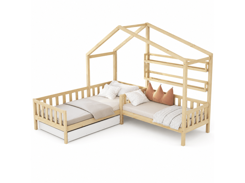  Lit enfant cabane en l avec tiroir et étagères, naturel, 90x200 cm et 140x70 cm  - Conforama A