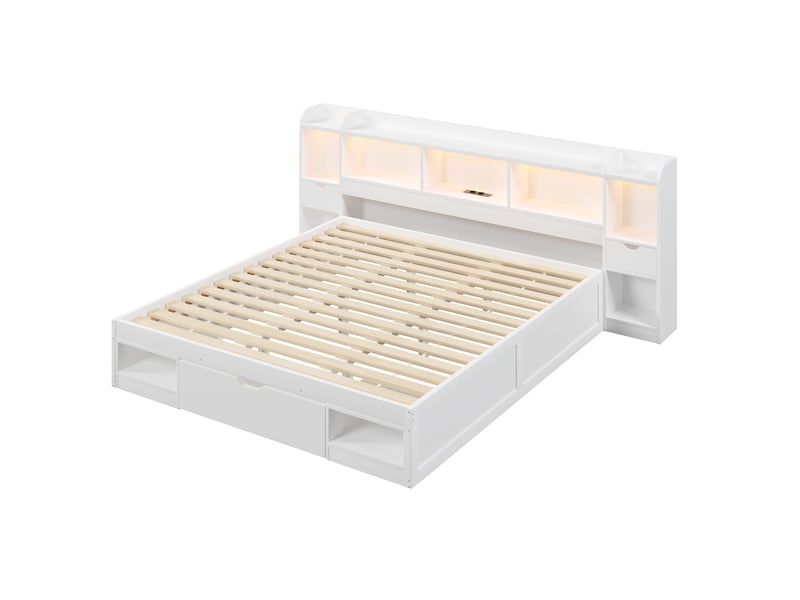  Cadre de lit plateforme (180 x 200 cm), avec tête et pied de lit avec espace de rangement, 3 tiroirs, plusieurs compartiments de rangement, bande lumineuse led et port usb, blanc.  - Conforama E
