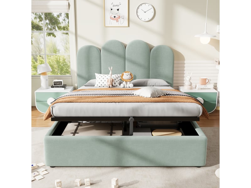  Lit coffre pour enfants 140x200cm - espace de rangement de grande capacité - avec sommier à lattes - tissu velours - vert clair (sans matelas)  - Conforama D
