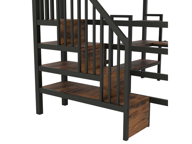  Lit mezzanine 140x200 cm noir, avec bureau, rangements, 3 étagères, escalier de rangement, led, usb, structure métal, sommier inclus, sans matelas  - Conforama E