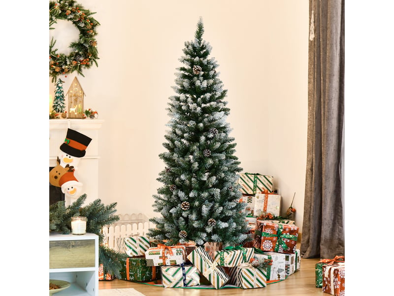 Sapin de noël vert et blanc effet enneigé de 150 cm avec 464 pointes et 28 pommes de pin (plastique et métal)  - Conforama D