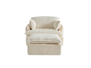 Fauteuil cloud compressé en velours côtelé beige avec pouf, confort modulable pour petits espaces et salon