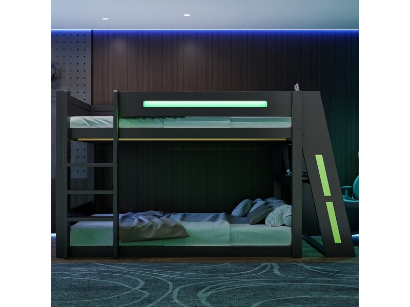  Lit mezzanine gaming 140x200 cm avec bureau, 2 étagères, led, port usb et garde-corps, pin et mdf, noir et vert  - Conforama E
