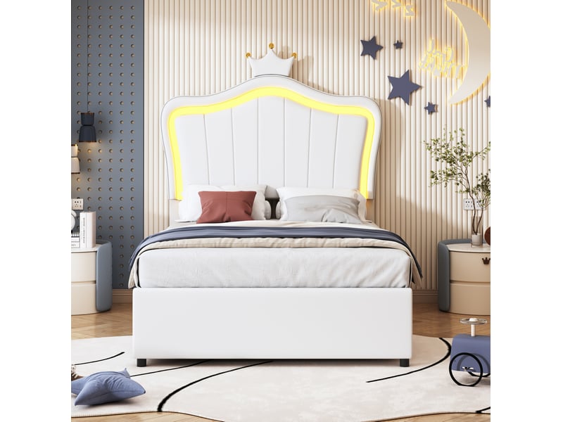  Modenvie lit coffre enfant 90x200 cm - avec led et rangement hydraulique, sans matelas - blanc  - Conforama D