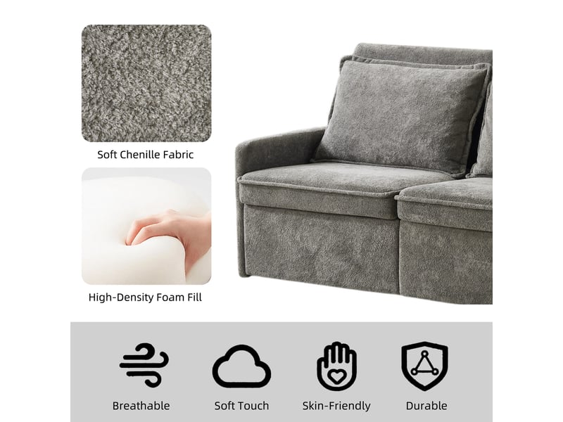 Canapé convertible 3-en-1 avec dossier réglable et usb - poches latérales chenille gris 172,5 × 71 × 95 cm - Conforama E