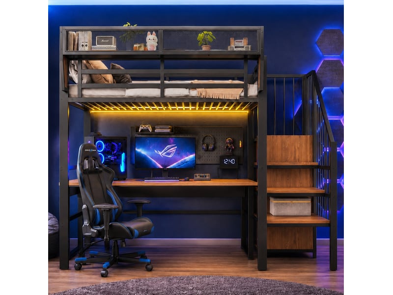  Lit mezzanine modenvie 90 x 200 cm avec bande led escalier de sécurité rangement modulable métal et mdf noir  - Conforama D