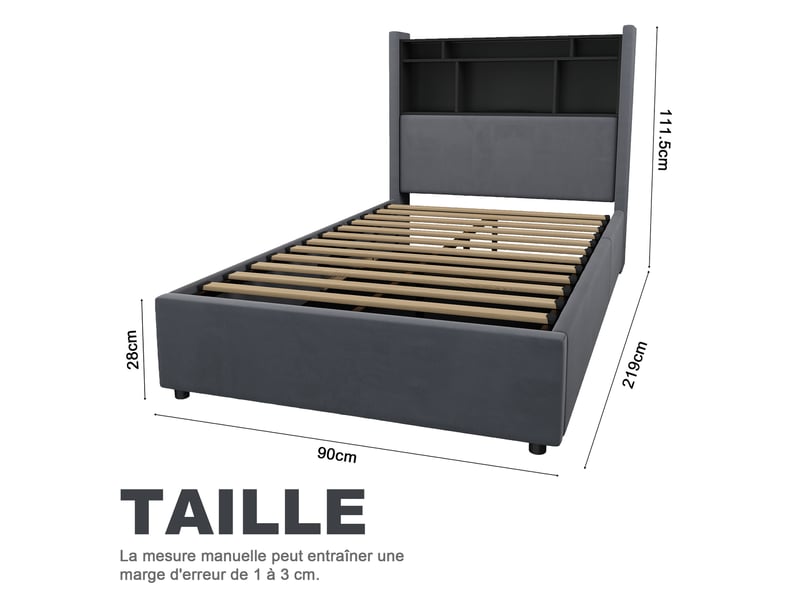  Lit coffre 90 x 200 cm en velours, lit simple avec led, station de charge et rangement, sans matelas, gris foncé  - Conforama D