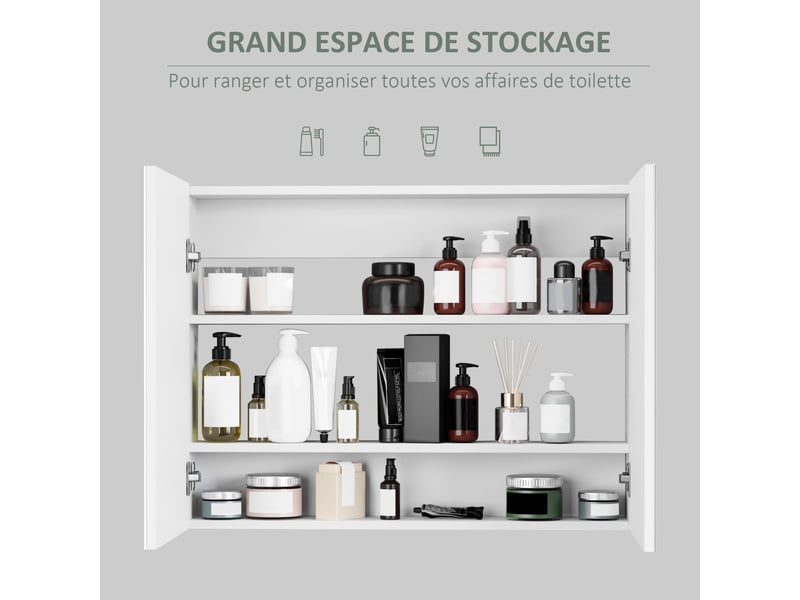  Armoire murale salle de bain avec miroir, 80 x 15 x 60 cm, meuble salle de bain, blanc, armoire de toilette avec double portes et étagères réglables  - Conforama D