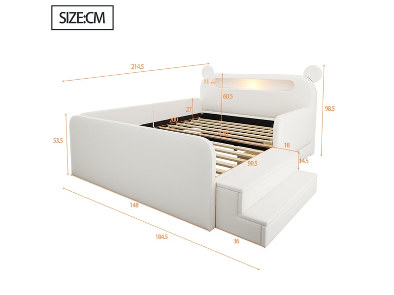Lit enfant 140x200 cm avec tête de lit ours, rangements, led et usb blanc, sans matelas - Conforama C