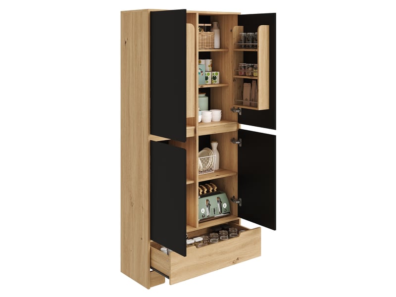  Armoire de rangement cuisine 80x35x180 cm noire et effet bois avec tiroir, étagères réglables et rangements de porte  - Conforama A