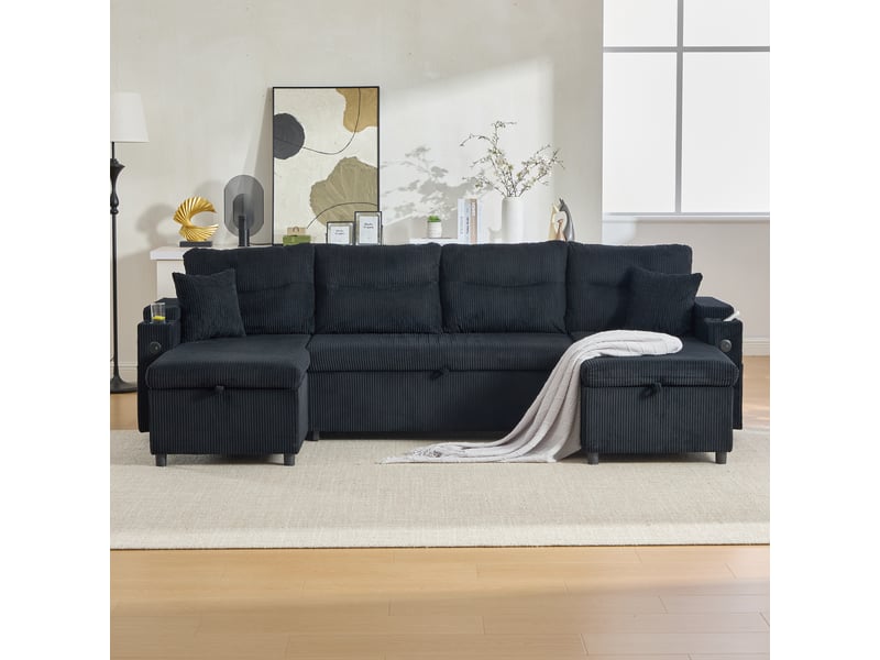  Canapé d’angle 4 places convertible double méridienne, rangement intégré, porte-gobelets, usb-c, couchage d’appoint, velours côtelé noir  - Conforama B