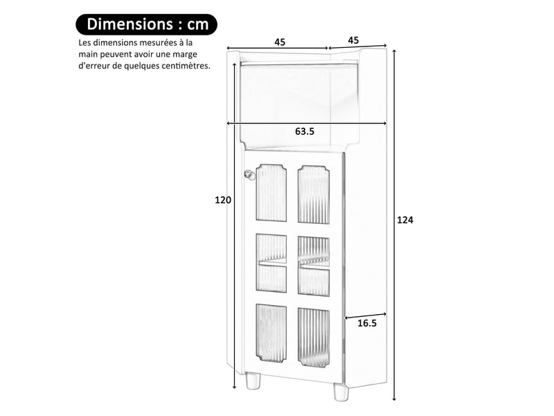  Meuble d'angle avec led - 63.5x124cm - armoire de coin autoportante avec porte en verre flûté et rangement en bois mdf - noir  - Conforama E