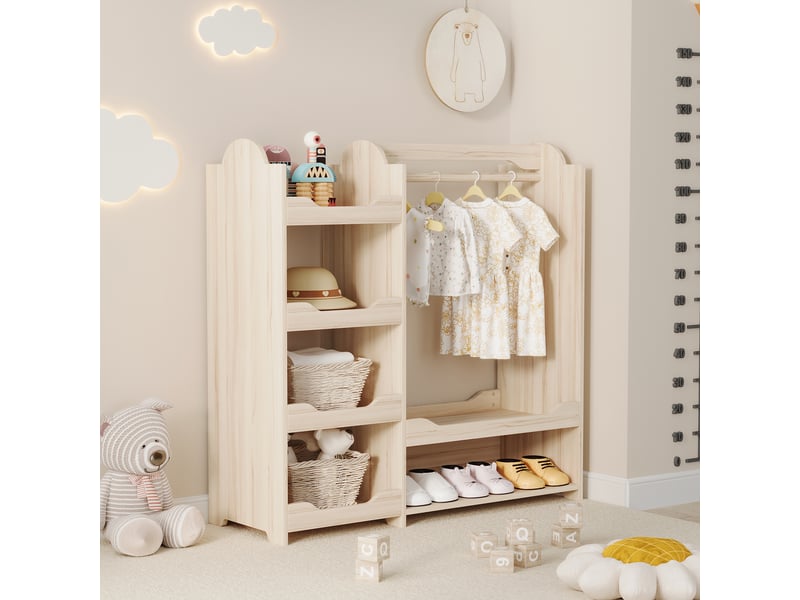  Meuble de rangement pour chambre d'enfant avec penderie, crochets, 4 étagères ouvertes et banc, en mdf naturel  - Conforama C