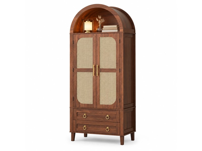  Armoire haute avec led réglable par application, 2 portes décor rotin, 2 tiroirs, noyer  - Conforama A