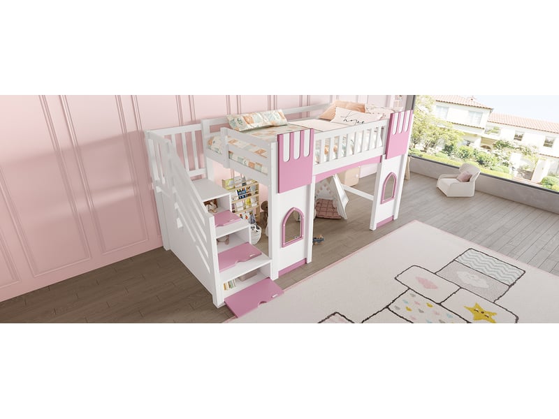  Lit superposé 90 x 200cm avec escalier de rangement et fenêtre, blanc et rose  - Conforama E