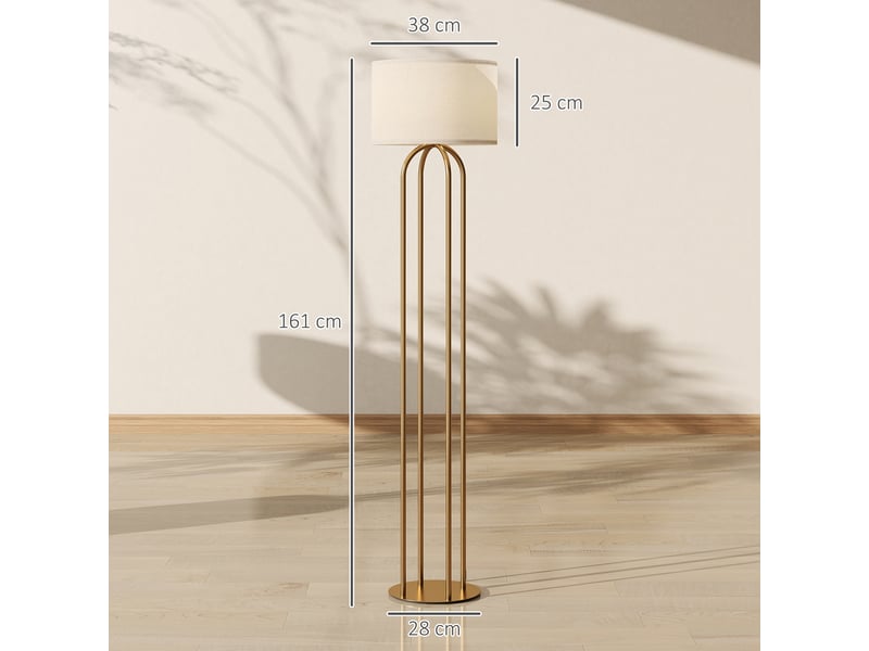  Lampadaire sur pied de salon, lampe sur pied avec abat-jour en lin et interrupteur à pied, ø 38 x 161 cm, doré et beige  - Conforama E