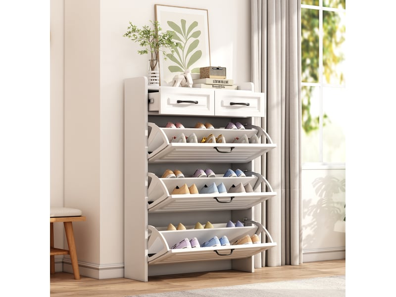  Meuble à chaussures ulevr à 3 abattants et 2 tiroirs, rangement étroit 80 x 23,5 x 131 cm, panneau de particules blanc  - Conforama D
