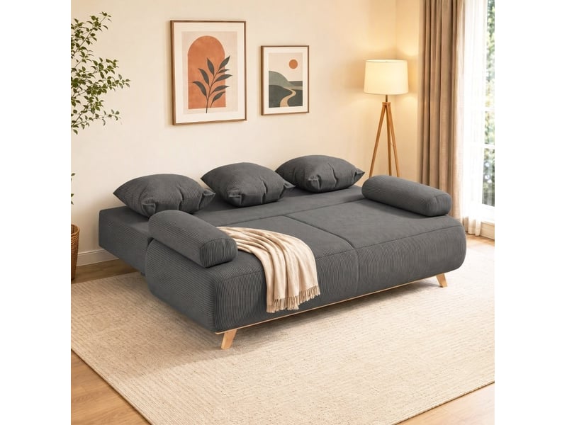  Canapé convertible 3 places avec dossier réglable, coffre de rangement et coussins en velours côtelé gris  - Conforama D