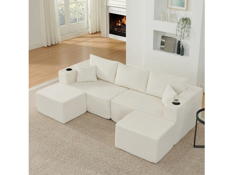  Canapé d’angle 3 places modenvie modulable l avec poufs mobiles, velours côtelé, porte-gobelets, poches latérales, coussins, beige  - Conforama B