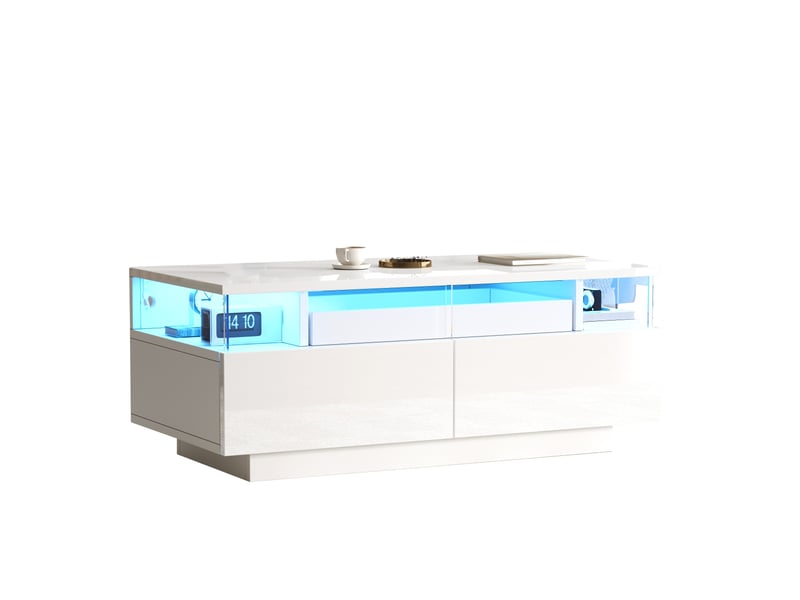  Table basse avec 2 tiroirs, plateau amovible et led pour salon 90×45×35,5 cm en panneaux de particules blanc  - Conforama A
