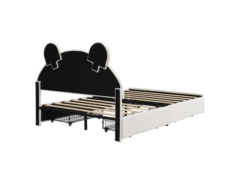  Lit enfant 140x200 cm en velours beige, tête de lit ours, 4 tiroirs, led pilotée par appli, sans matelas  - Conforama D