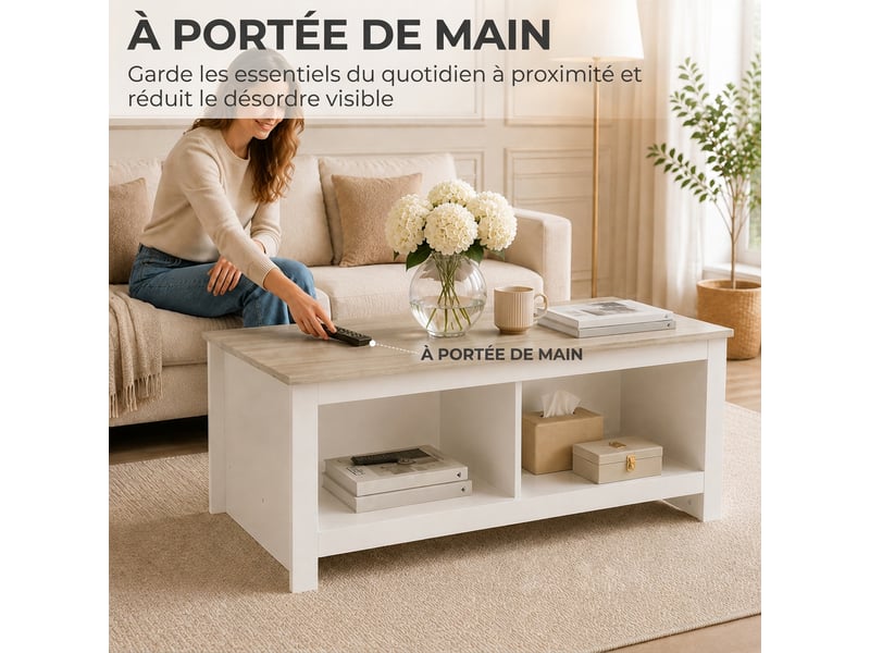  Table basse rectangulaire, table de salon moderne avec 4 compartiments ouverts, 110 x 55 x 45,5 cm, chêne et blanc  - Conforama E