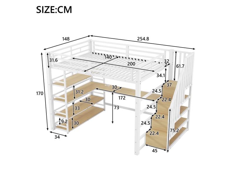 Lit mezzanine 140x200cm avec led, lit enfant, escalier rangement, bureau, usb, garde-corps, mdf+métal blanc sans matelas  - Conforama C