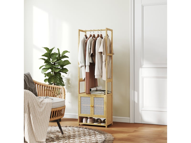  Porte-manteau en bambou avec meuble à chaussures, tringle et étagère réglable pour entrée, 53 x 31 x 168 cm, naturel  - Conforama C