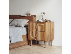 Table de chevet bohème 4 pieds avec 2 tiroirs, lignes géométriques incrustées, placard en placage noyer, rangement chambre