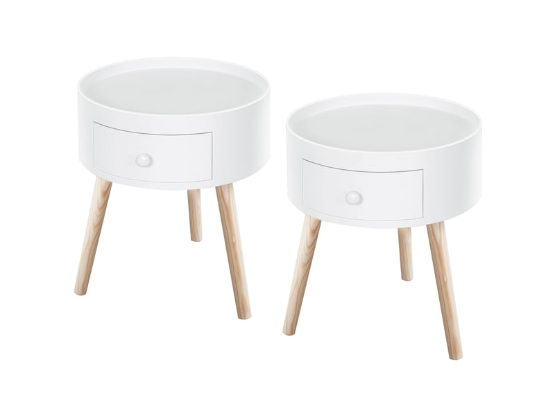  Lot de 2 tables de chevet rondes 38 x 38 x 45 cm tiroir pratique pieds effilés épuré scandinave chambre en mdf blanc 21_0001836  - Conforama A