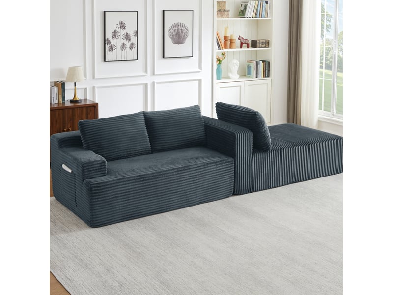  Canapé d’angle modulable 4 places 238x152x66 cm velours côtelé gris foncé  - Conforama R