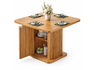 Table à manger carrée 80x80 cm avec rangement intégré, finition bois brun foncé, 4 personnes