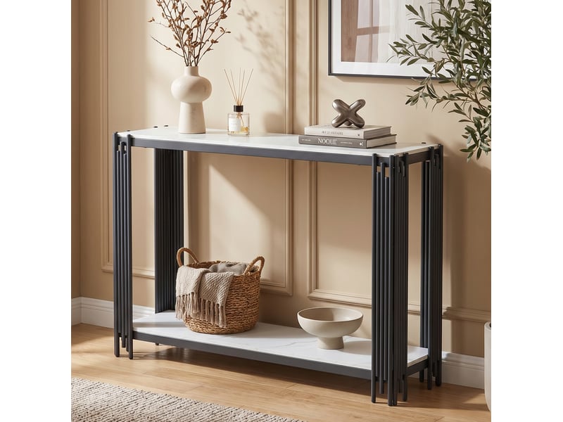  Console 123,5x33,5x80 cm à 2 niveaux effet marbre blanc et métal noir  - Conforama E