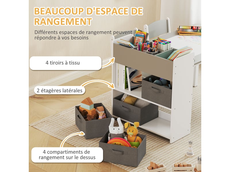  Ensemble table et 2 chaises enfant en bois avec rouleau de papier, étagères et tiroirs, gris, pour fille garçon 3-8 ans  - Conforama R