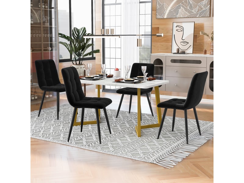  Ensemble table à manger avec 4 chaises, table à manger rectangulaire de 117 cm, effet marbre, velours noir et pieds dorés  - Conforama C