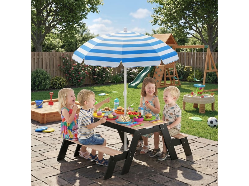 Table de pique-nique enfants avec parasol, 3 en 1 salon de jardin en bois pour enfants 3-6 ans avec 2 boîtes, naturel - Conforama C