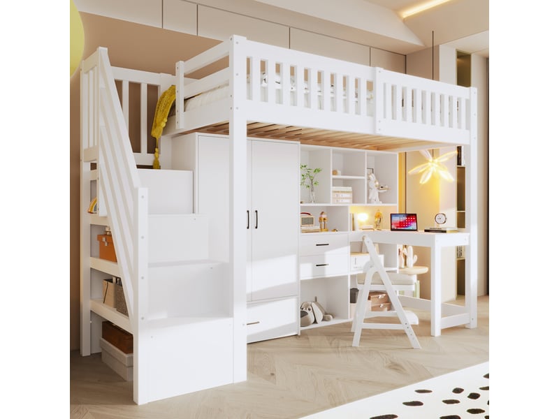 Lit mezzanine 90x200 cm avec échelle de rangement et armoire, lit 1 personne en blanc, lit enfant avec bureau et tiroirs  - Conforama A