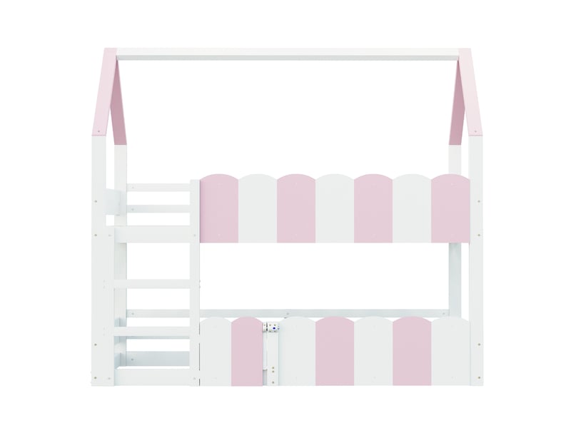  Lit superposé enfant 90x200 cm design maison rose et blanc bois avec garde-corps surélevés et sommier à lattes pour garçons et filles Sol Morn - Conforama A