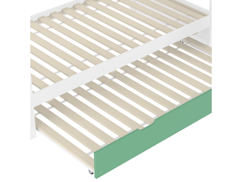  Lit superposé enfant 200×90 cm en forme de maison avec toboggan et lit gigogne, en blanc et vert  - Conforama E