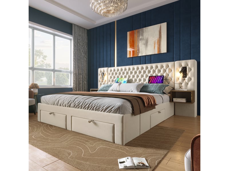  Lit double en velours beige 160 x 200 cm  - Conforama E