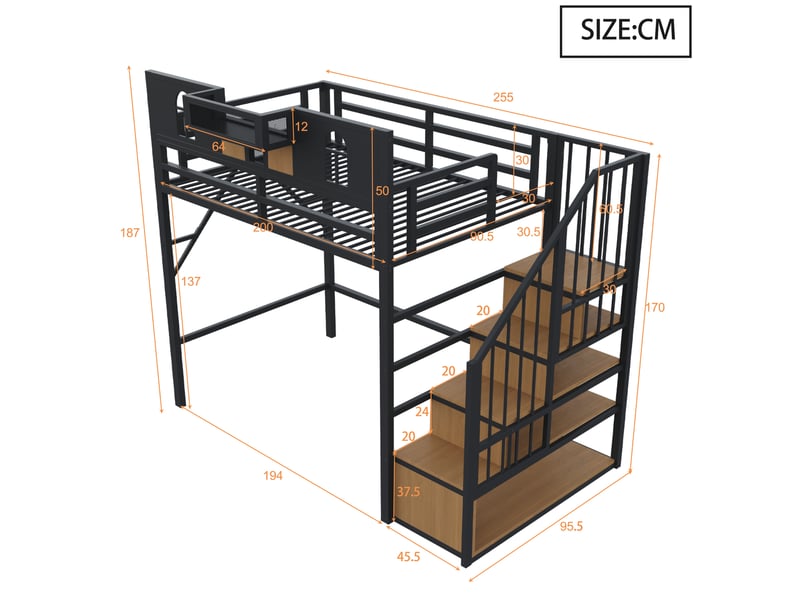  Lit mezzanine 90x200 cm avec rangement et led - lit enfant avec échelle de rangement et barrières de sécurité - métal noir  - Conforama C